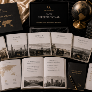 Colecciones Editoriales Colección de publicaciones editoriales en distintos idiomas organizada sobre un escritorio premium con identidad visual internacional.
