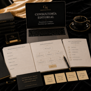 Colecciones Editoriales Reunión de consultoría editorial con laptop, documentos estratégicos y notas organizadas sobre un escritorio premium.