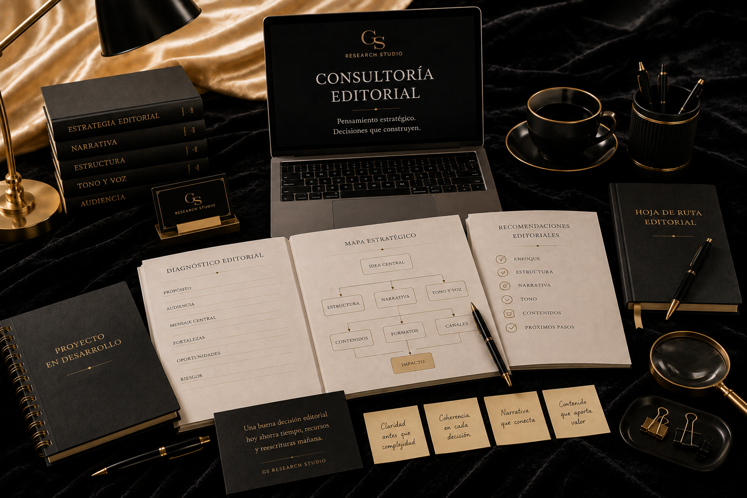 Consultoría editorial | GS Research Studio Reunión de consultoría editorial con laptop, documentos estratégicos y notas organizadas sobre un escritorio premium.