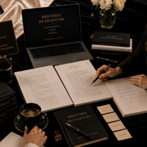 Colecciones Editoriales Sesión individual de mentoría de escritura con notebook, manuscritos anotados y cuaderno editorial sobre un escritorio premium.