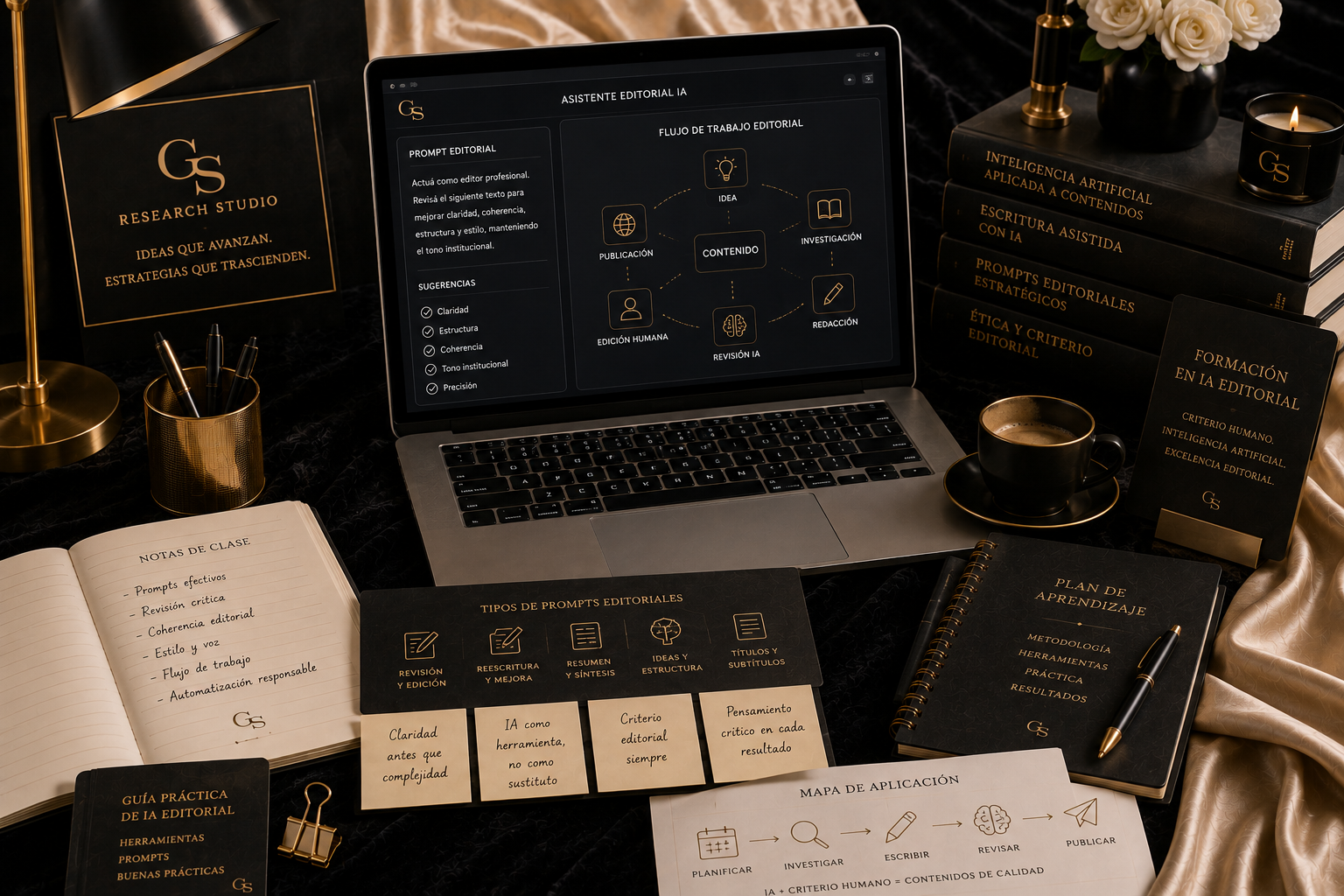 Formación en IA editorial | GS Research Studio Computadora mostrando asistentes de inteligencia artificial, prompts editoriales y un flujo de trabajo organizado sobre un escritorio premium.