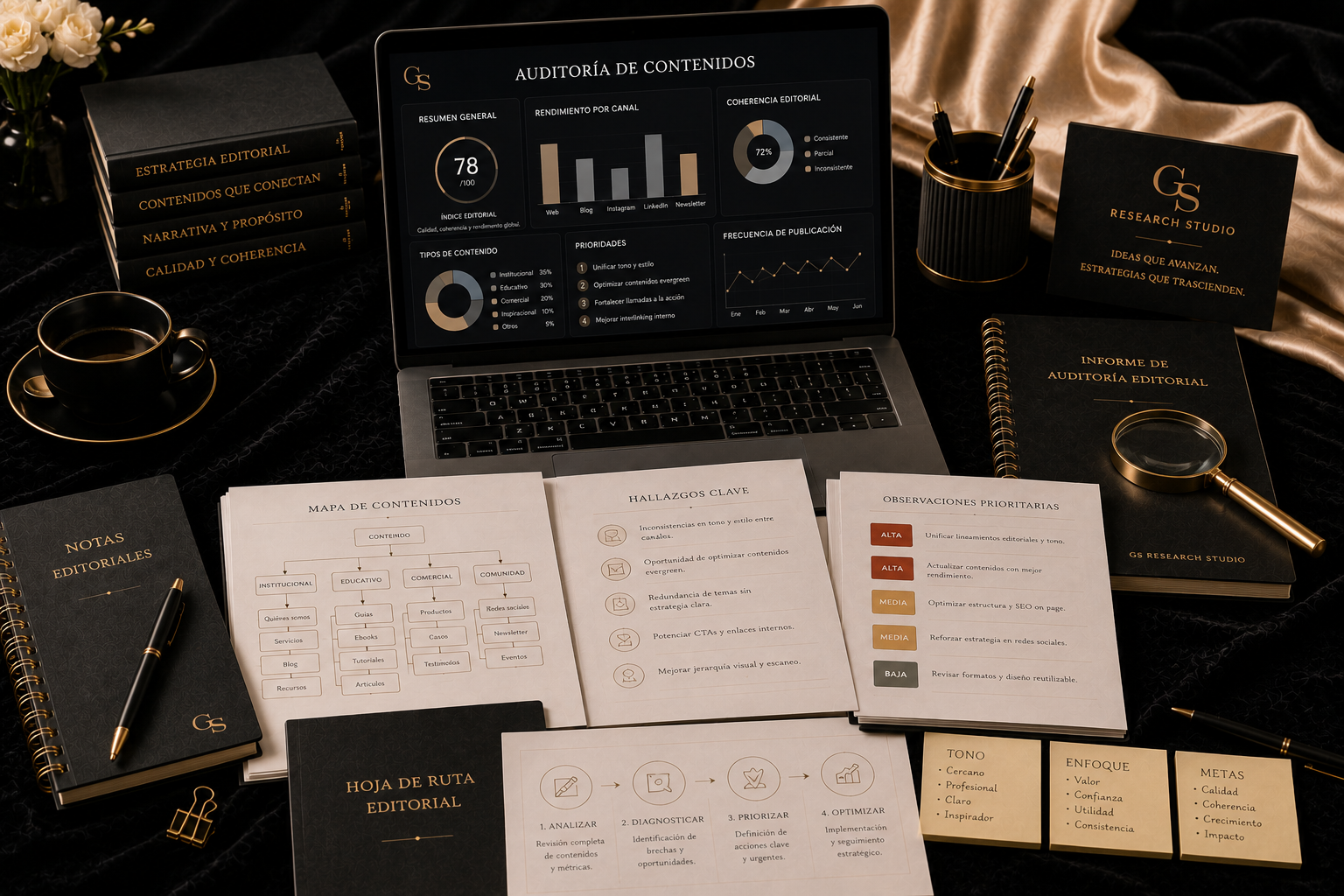 Auditoría de contenidos | GS Research Studio Dashboard editorial con métricas, documentos, gráficos y observaciones estratégicas organizadas para una auditoría de contenidos.