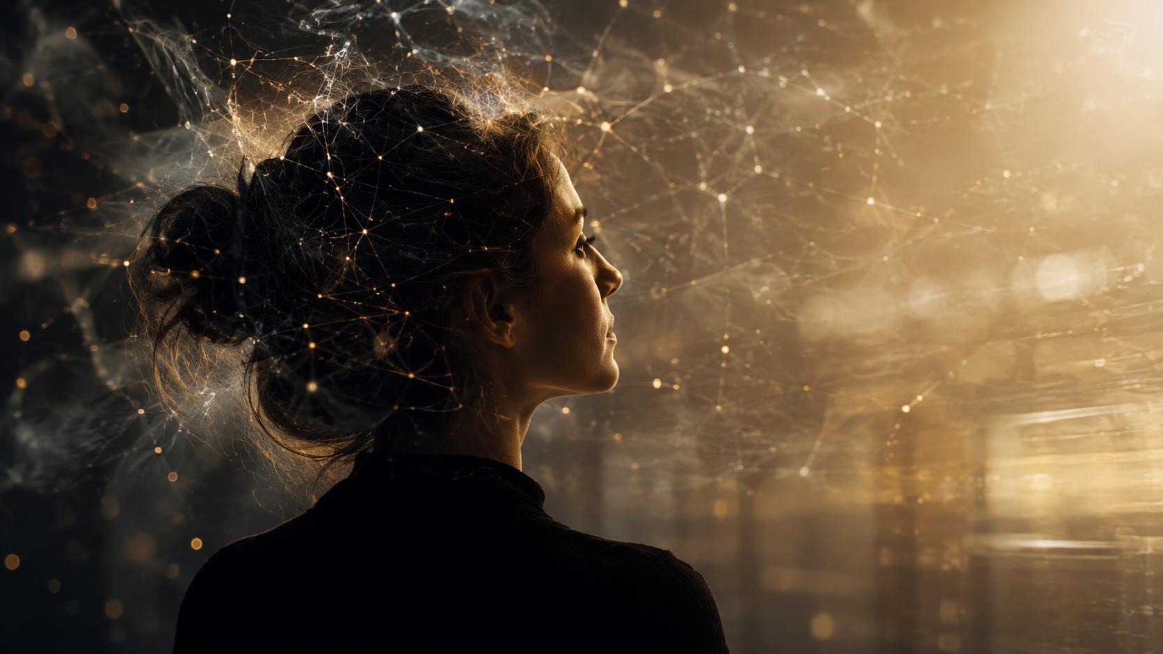 ¿Y AHORA QUÉ? Persona adulta de perfil rodeada sutilmente por formas luminosas que evocan redes neuronales y actividad cerebral, representando la atención, la motivación y la reorientación del foco hacia un nuevo objetivo.
