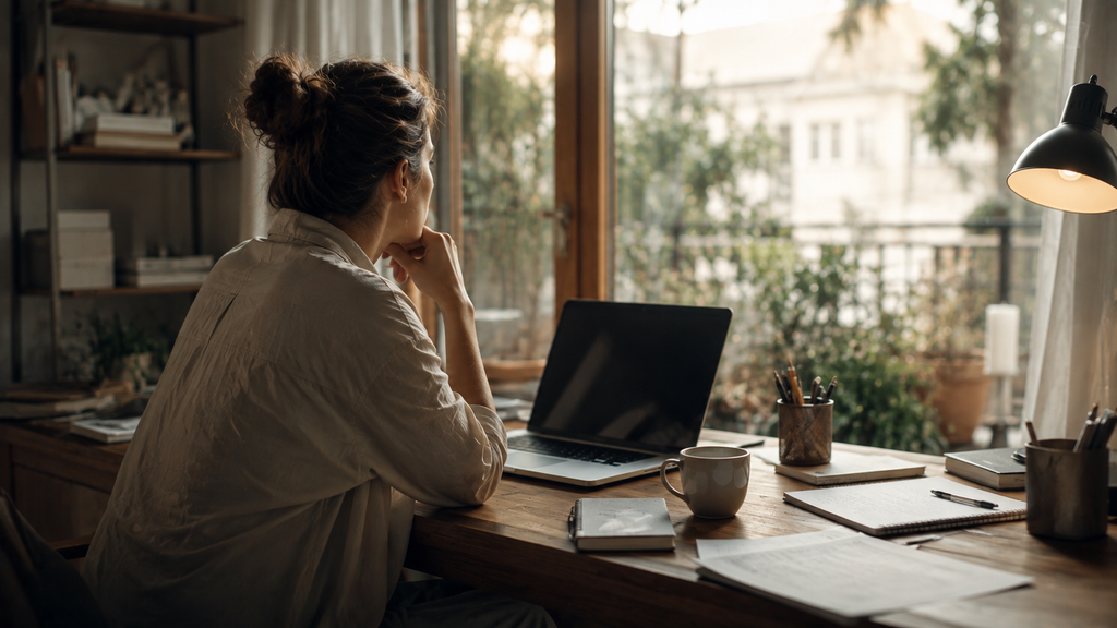 ¿Y AHORA QUÉ? Persona adulta frente a una computadora en su espacio de trabajo, con el proyecto terminado, haciendo una pausa y mirando hacia el exterior, representando el momento en que una meta cumplida deja abierta la pregunta sobre qué sigue.