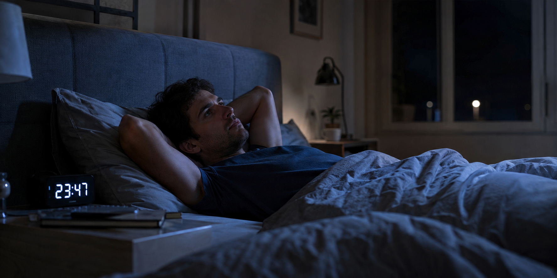Cuando se apaga el día, empieza la reunión Hombre adulto acostado en su cama durante la noche, despierto y pensativo, representando la actividad mental antes de dormir.