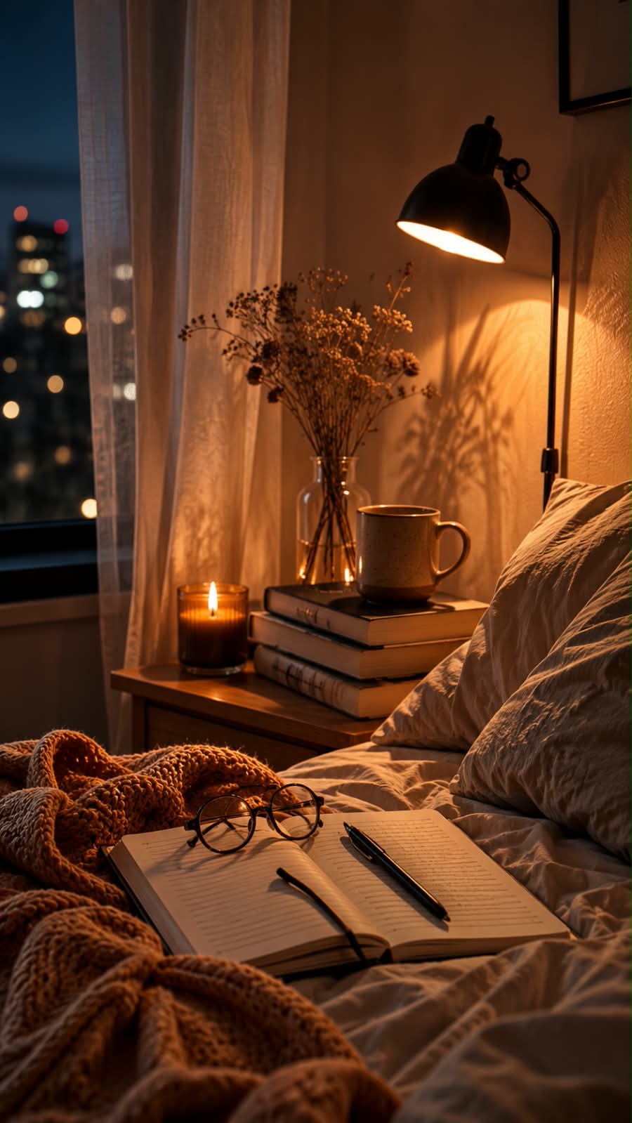 Cuando se apaga el día, empieza la reunión Cama preparada para dormir junto a un libro abierto y un par de lentes, representando el momento de descanso y la actividad mental antes de dormir.
